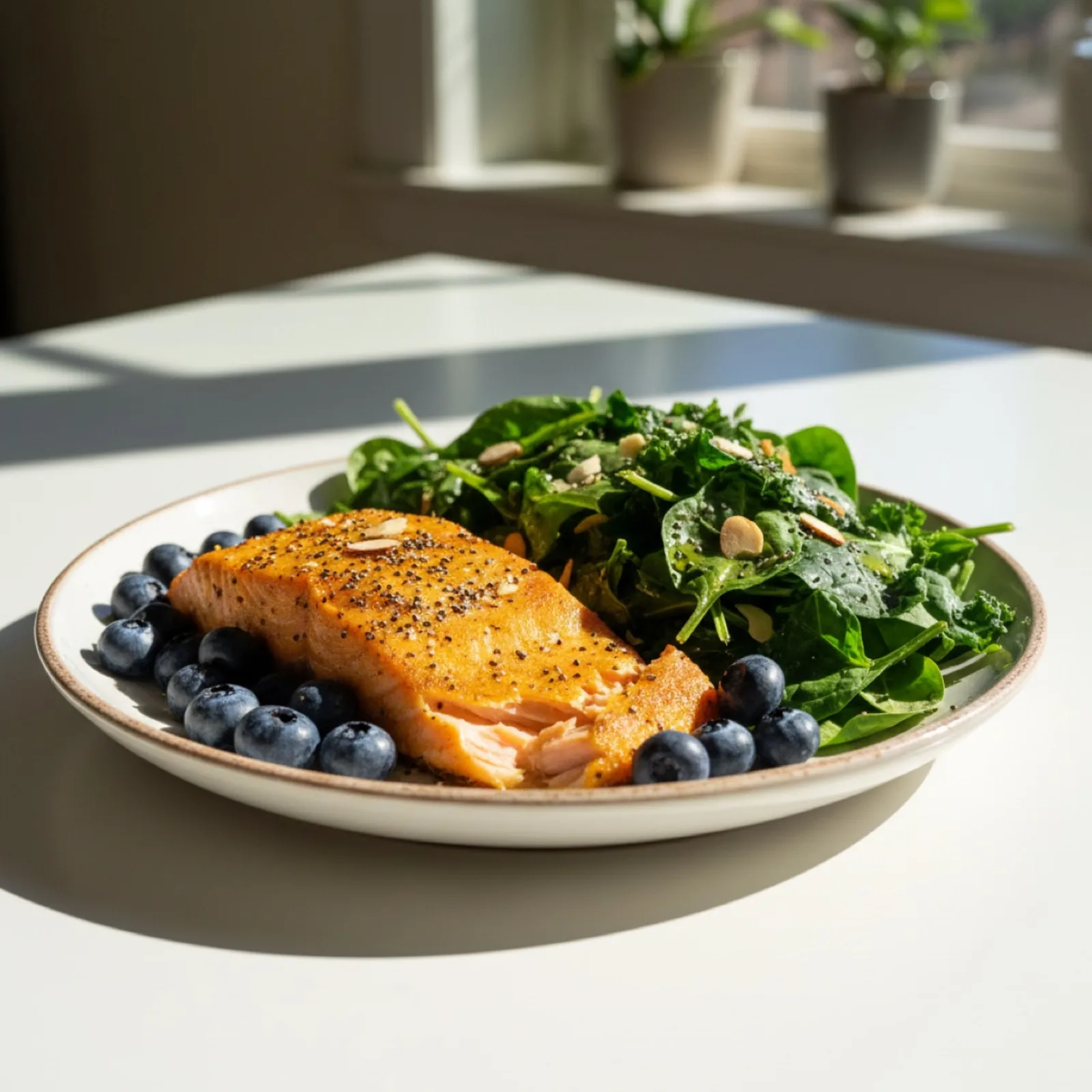 Colorful anti-inflammatory meal with turmeric, leafy greens, and salmon on a white plate