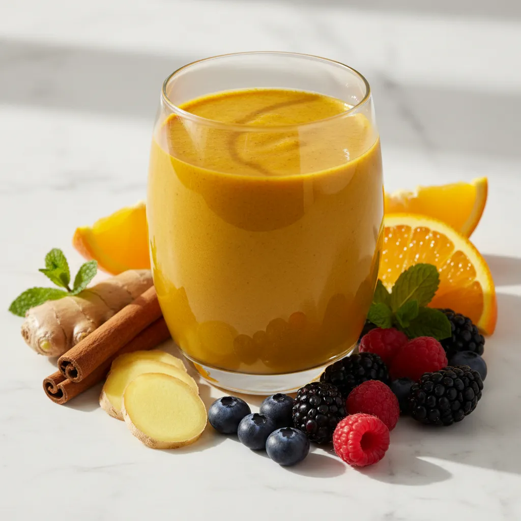Green anti-inflammatory smoothie in glass with healthy ingredients