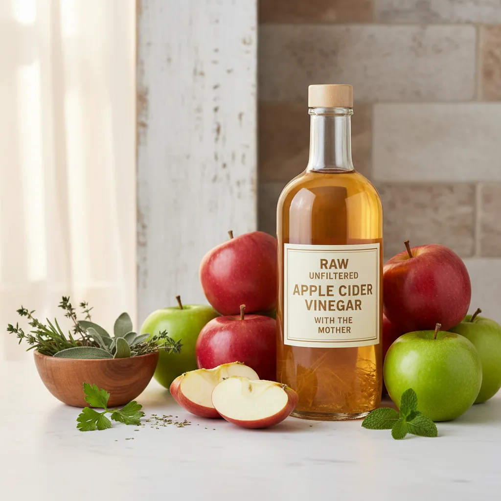 Apple cider vinegar bottle with fresh apples on wooden table
