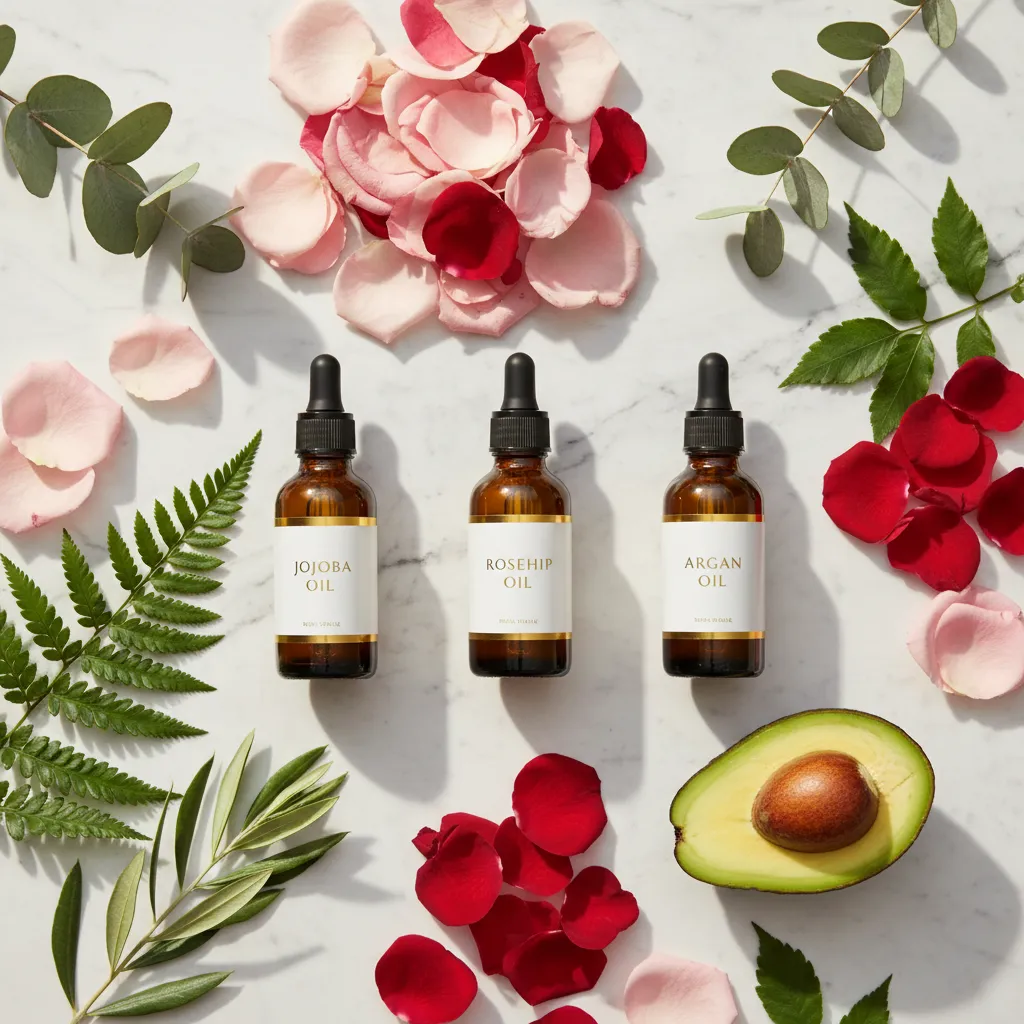 Natural face oils in small glass bottles for mature skin care