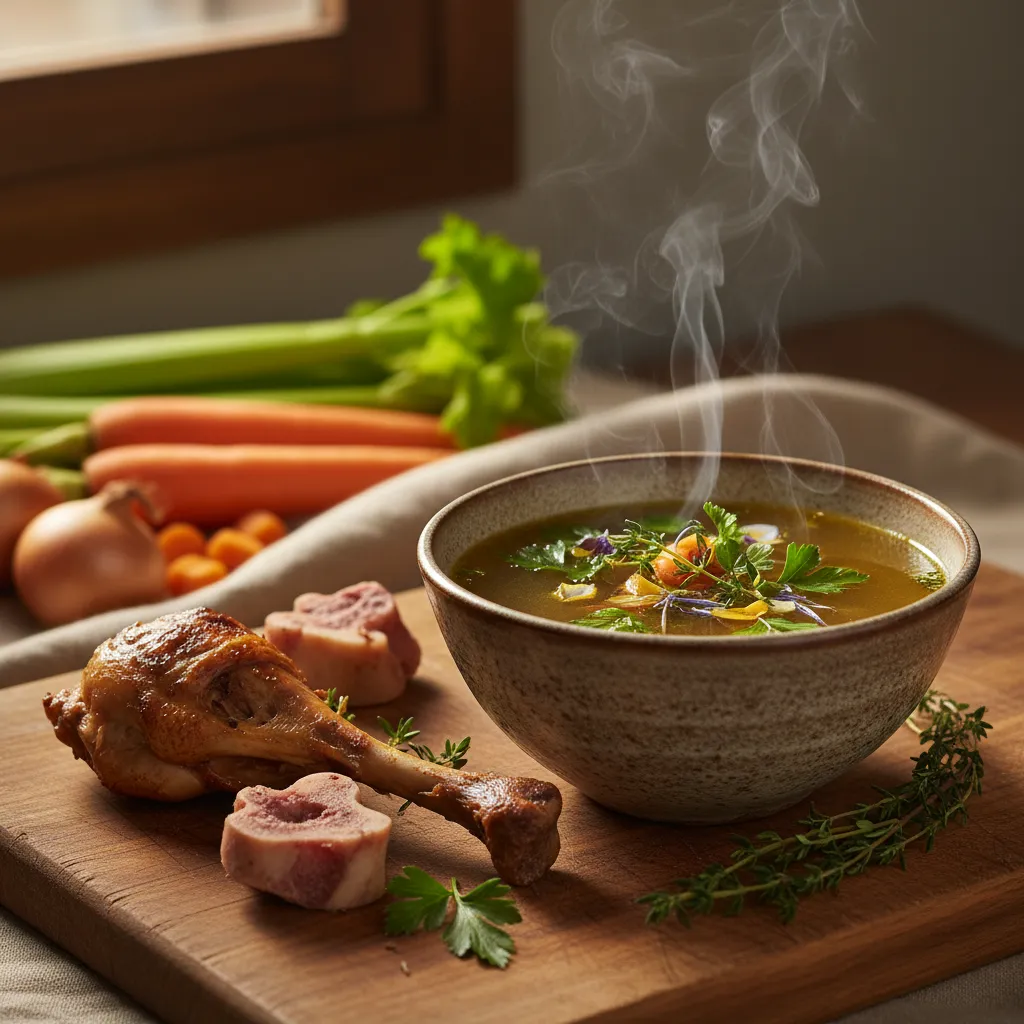Warm bone broth in bowl with herbs and vegetables