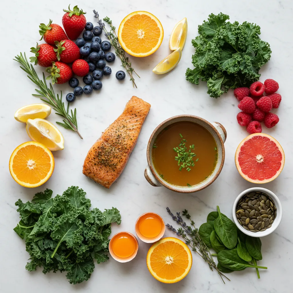 Colorful array of collagen-boosting foods including fruits and vegetables