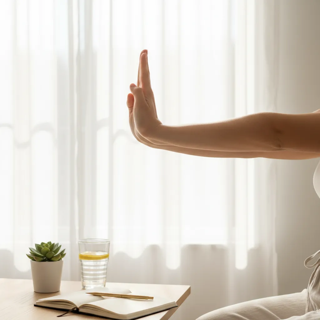 Woman doing a morning stretch routine in a bright, peaceful living room