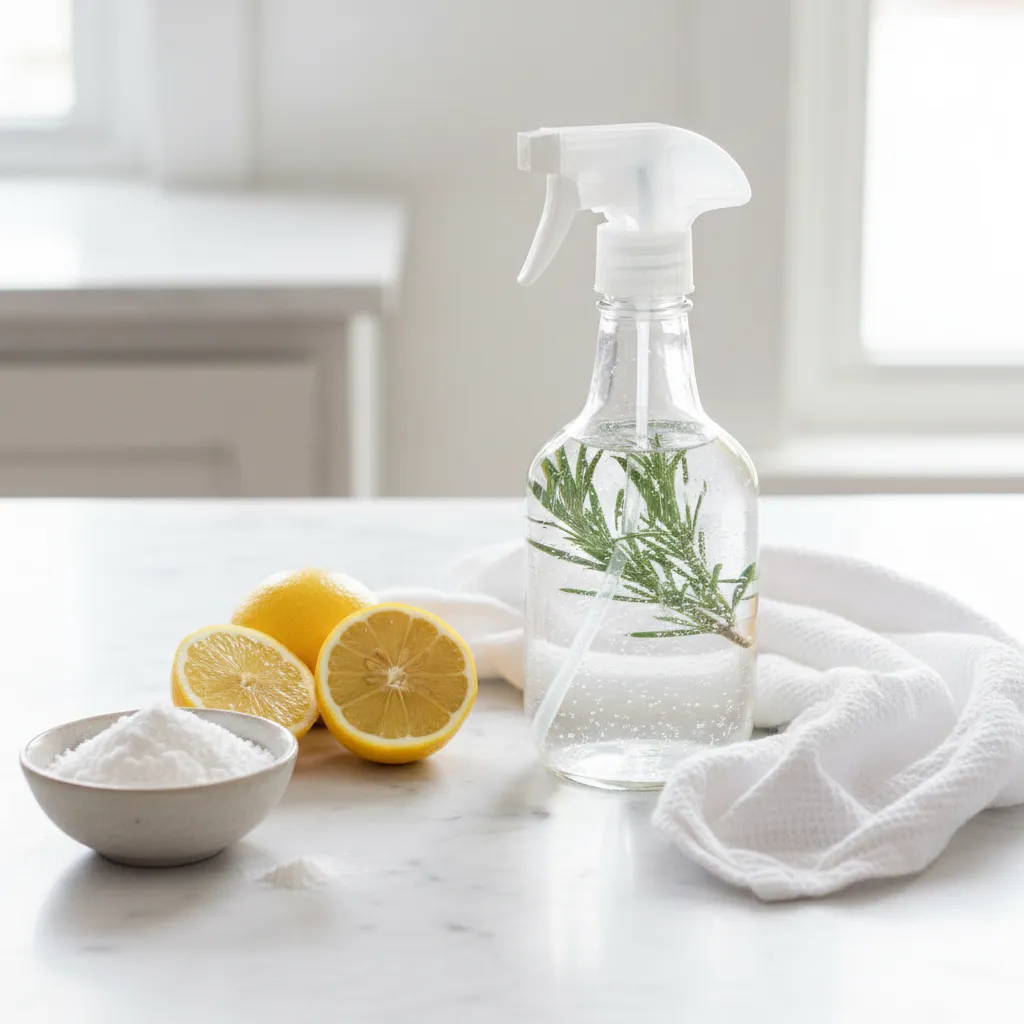 Natural cleaning ingredients including vinegar, baking soda and essential oils