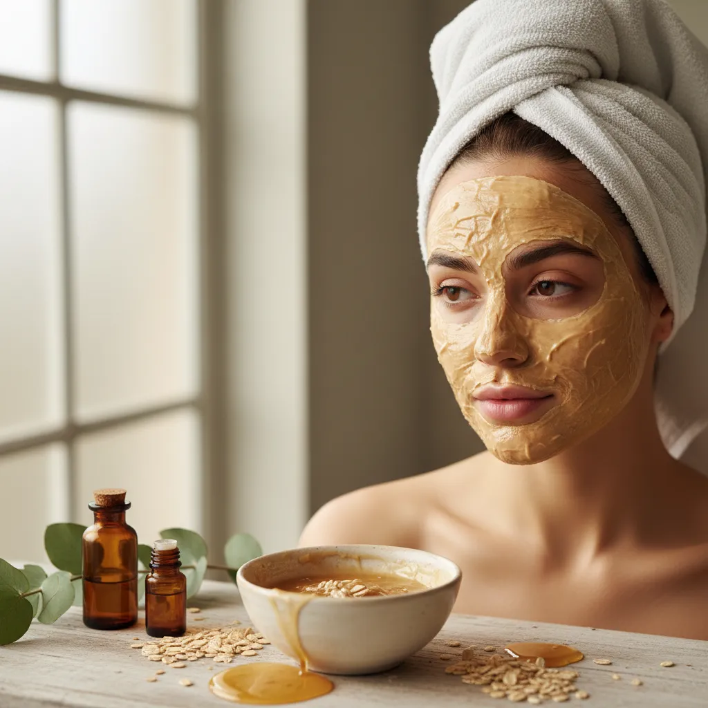 Woman with a natural face mask applied, relaxing at home