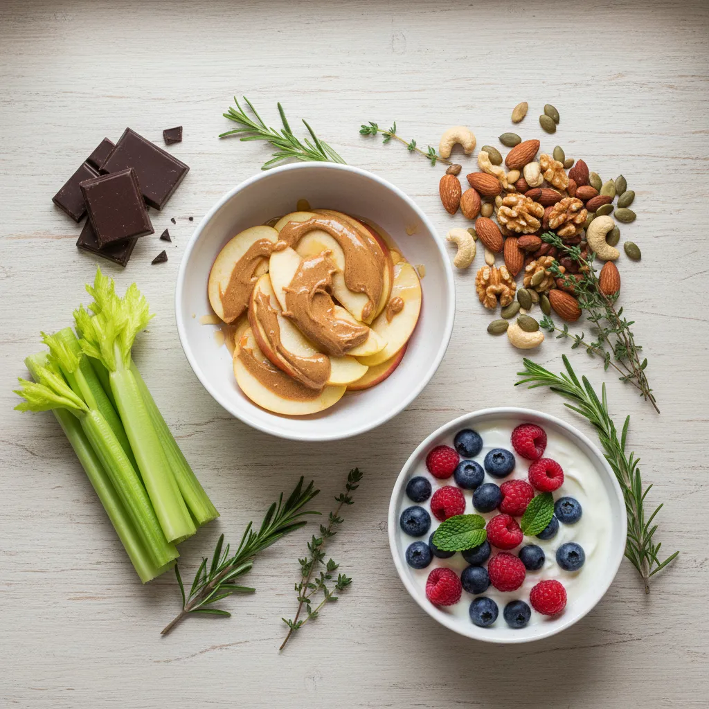Assortment of healthy snacks including nuts, fruit, and vegetables in small bowls
