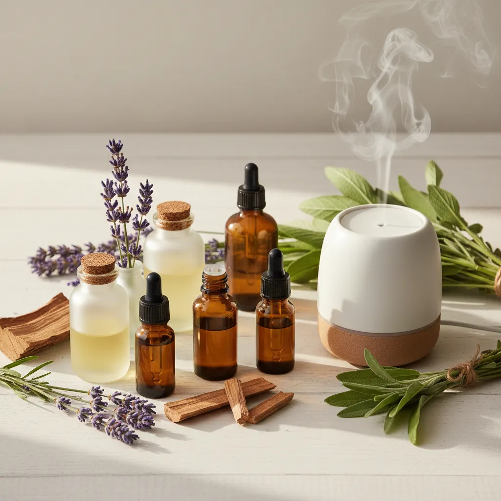 Essential oil bottles with lavender sprigs and a diffuser on a wooden surface