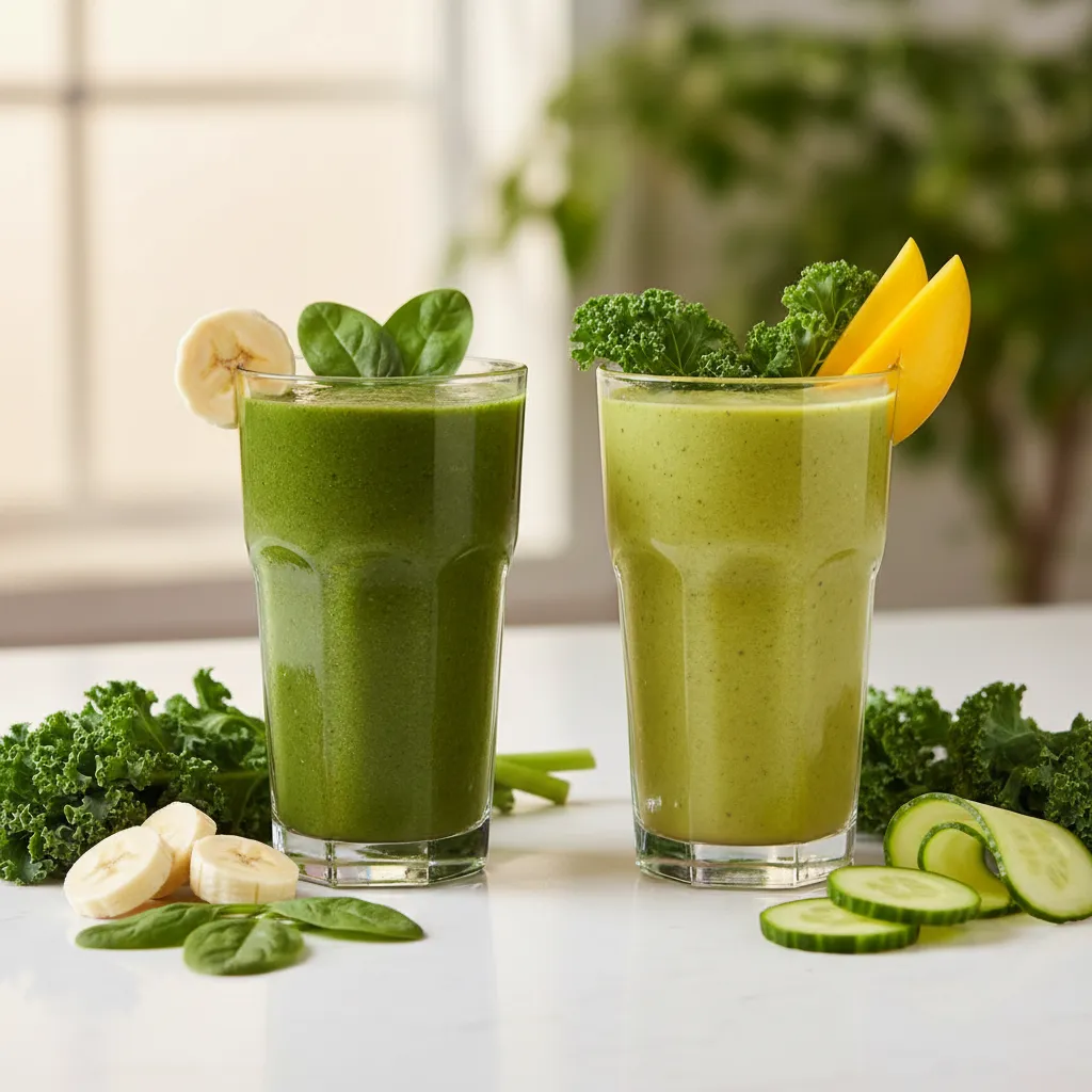 Three green smoothies in glasses with fresh ingredients on a wooden counter