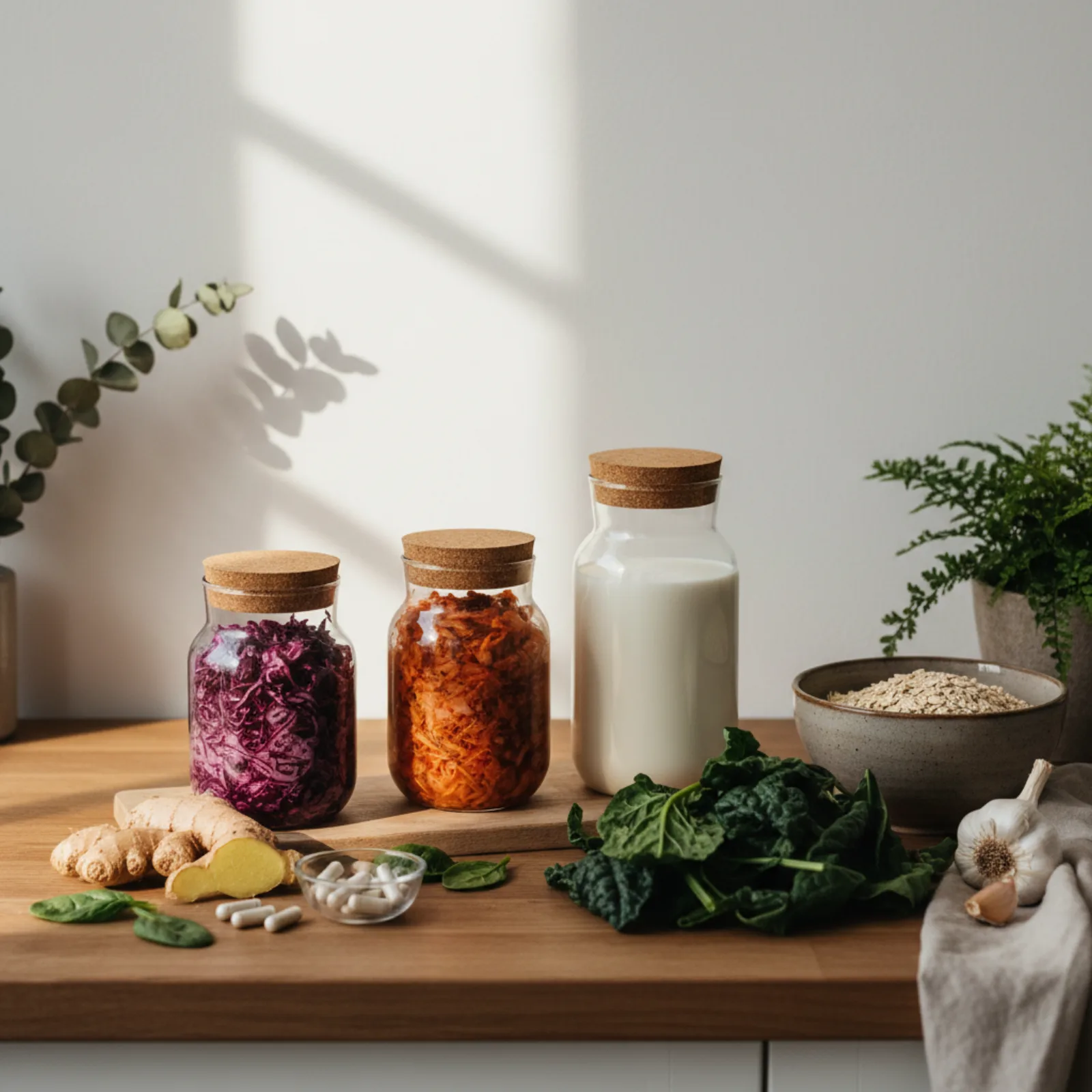 Array of natural gut-friendly foods and supplements on wooden kitchen counter