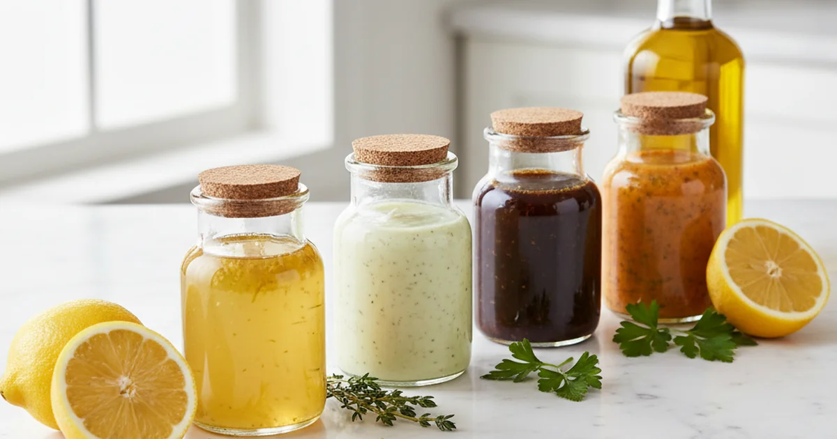 A variety of colorful homemade salad dressings in glass jars with fresh ingredients like lemon, olive oil, and herbs.
