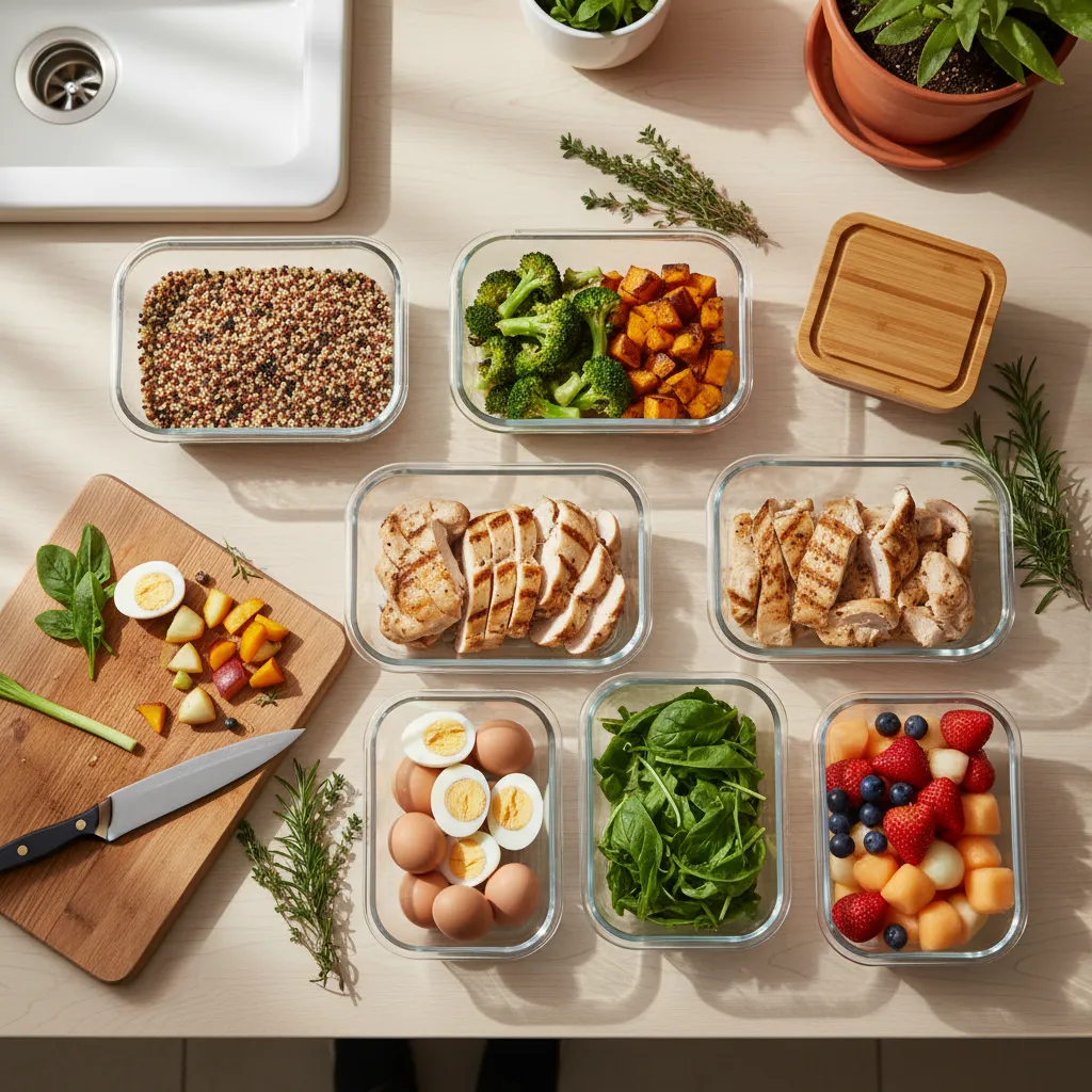 Organized meal prep containers with healthy food on a kitchen counter