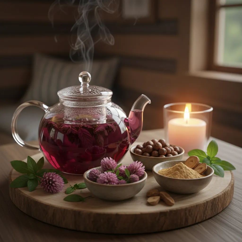 Herbal tea in ceramic cup with dried herbs and flowers for hormone balance