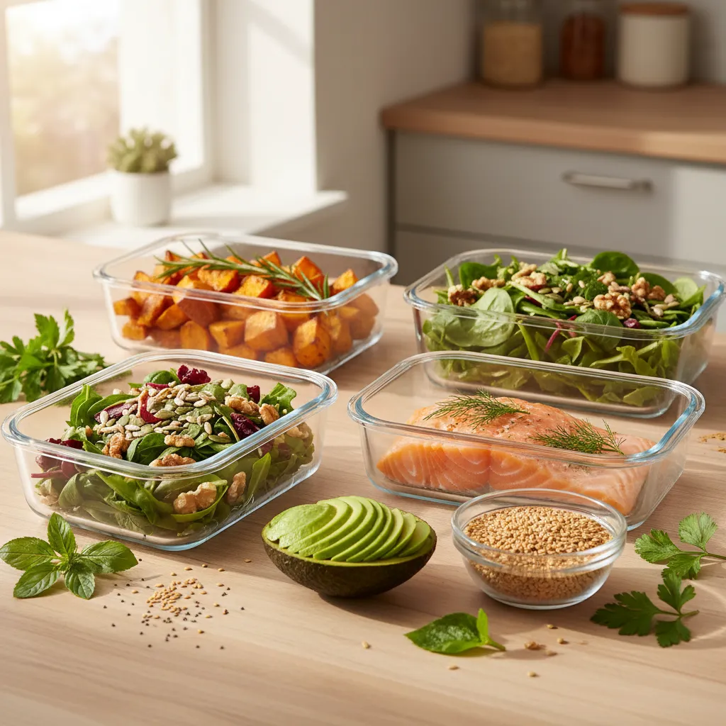 Hormone-balancing meal prep containers with healthy colorful foods