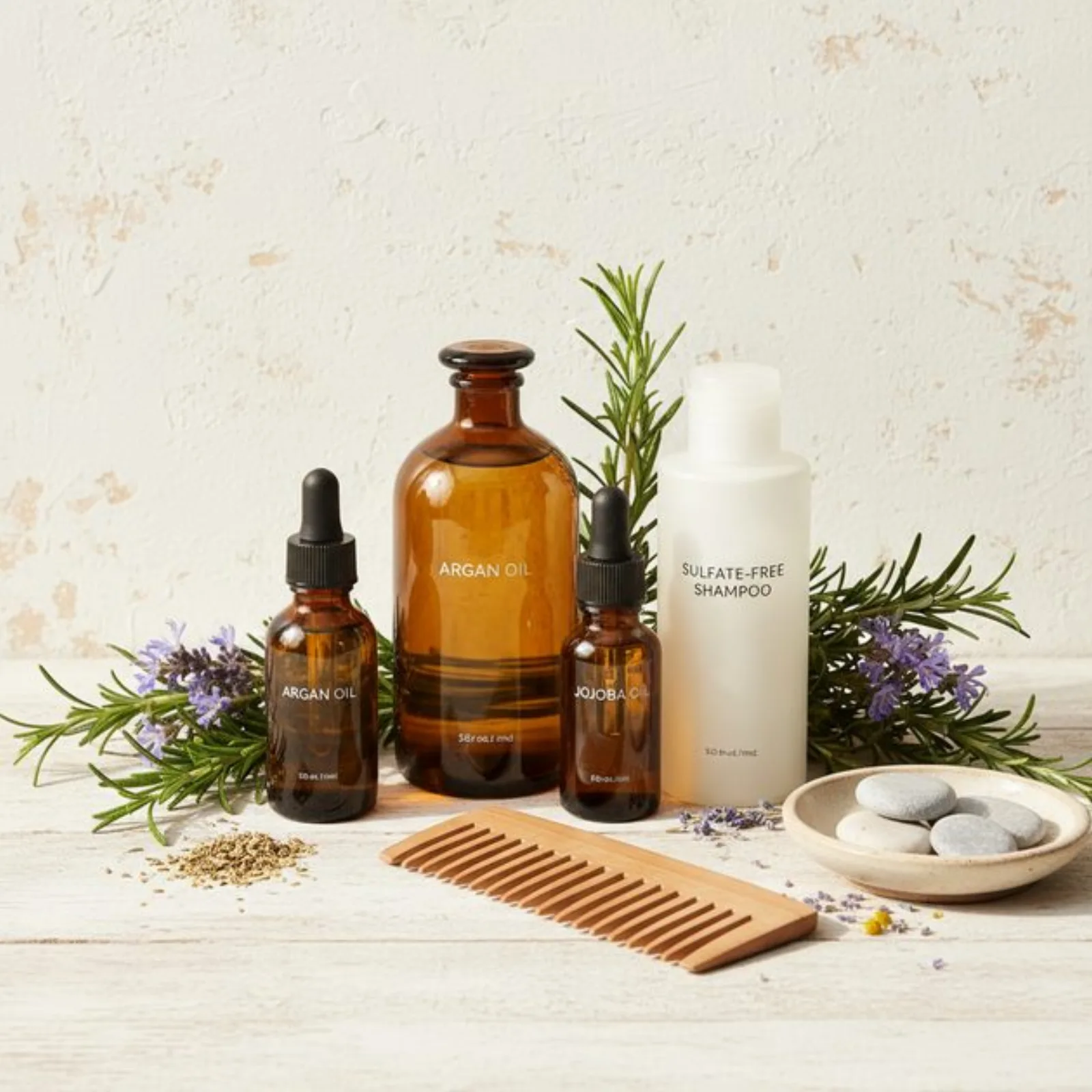 Natural hair care products including oils, shampoo, and conditioner arranged on a wooden surface