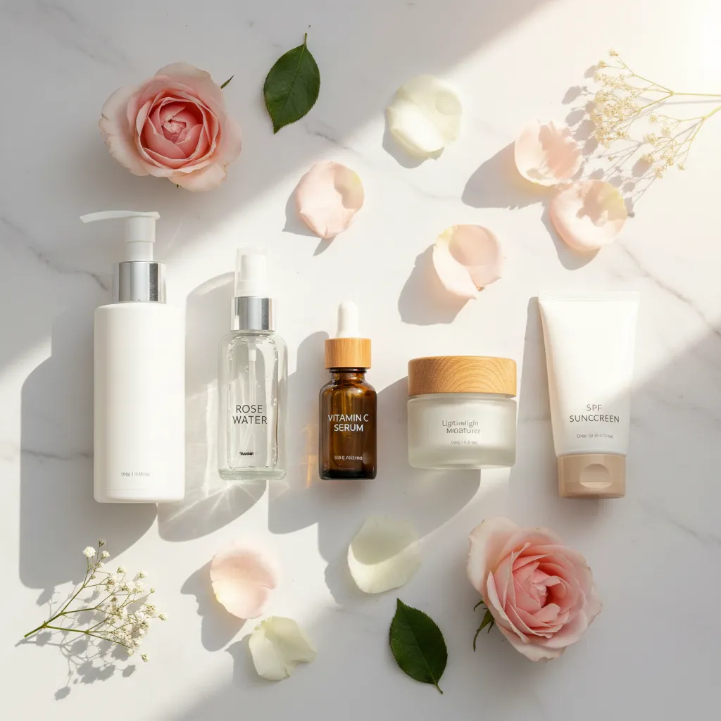 Woman applying morning skincare products at bathroom vanity in natural light
