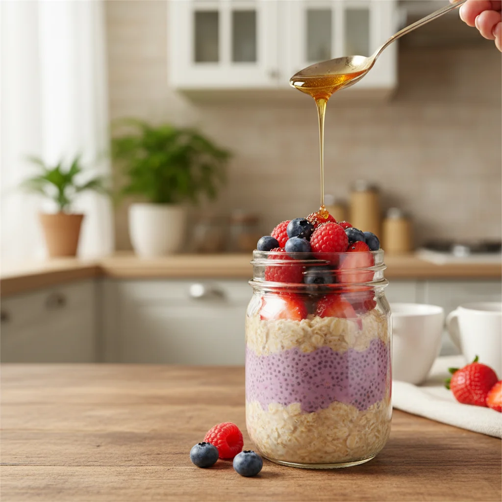 Mason jar with creamy overnight oats topped with fresh berries and chia seeds