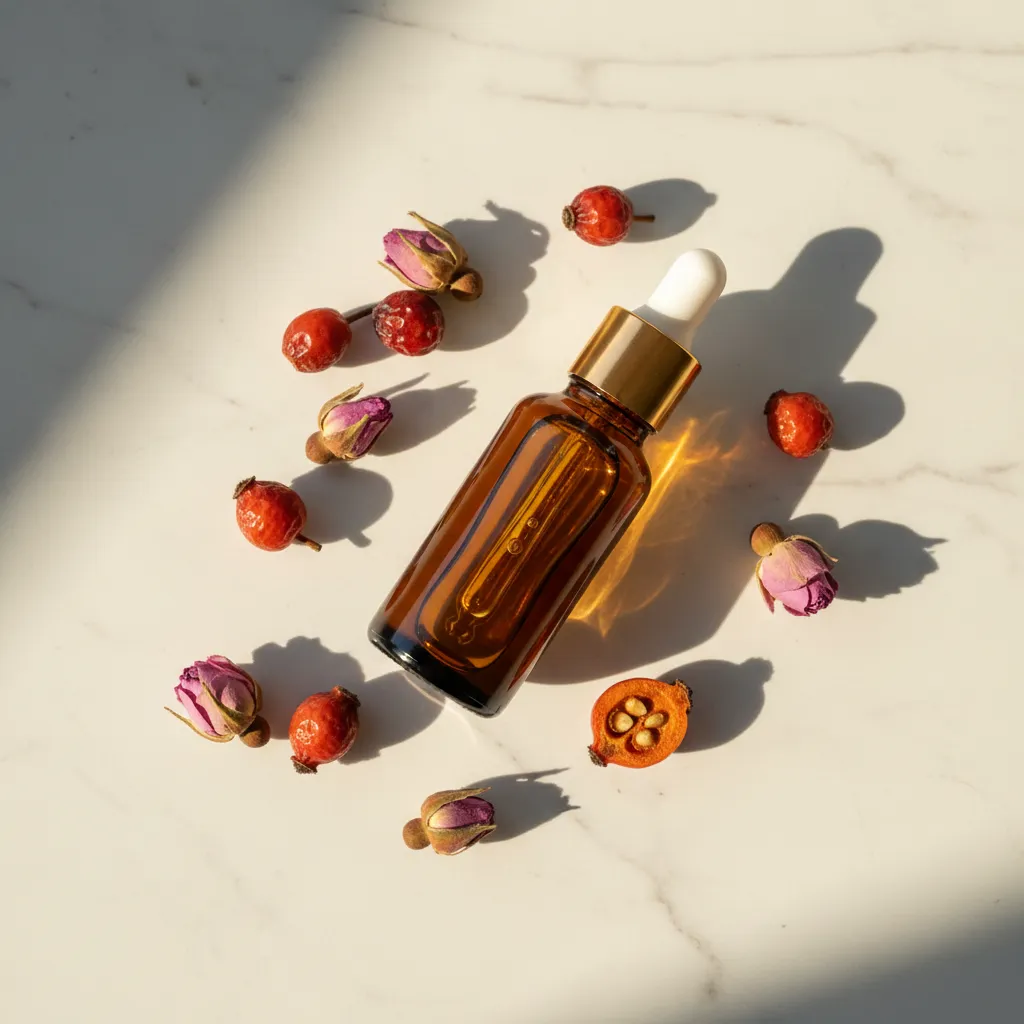 Rosehip berries and rosehip oil bottle for anti-aging skincare