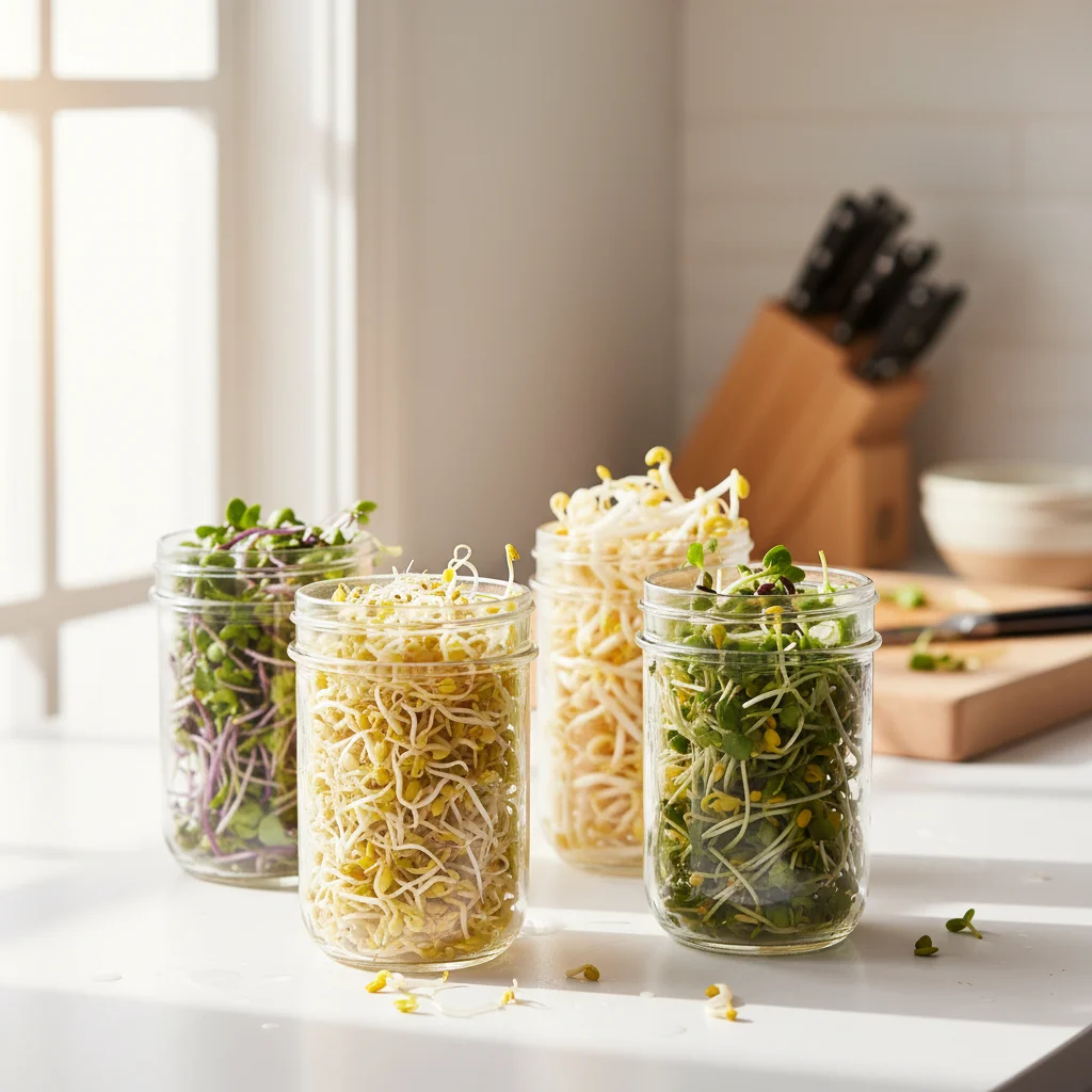 A variety of fresh, organic sprouts in glass mason jars on a kitchen counter.