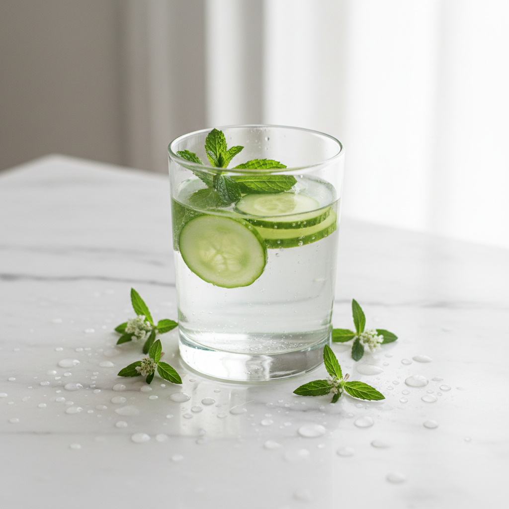 Glass of water with cucumber slices and mint leaves on a white marble surface with botanical elements