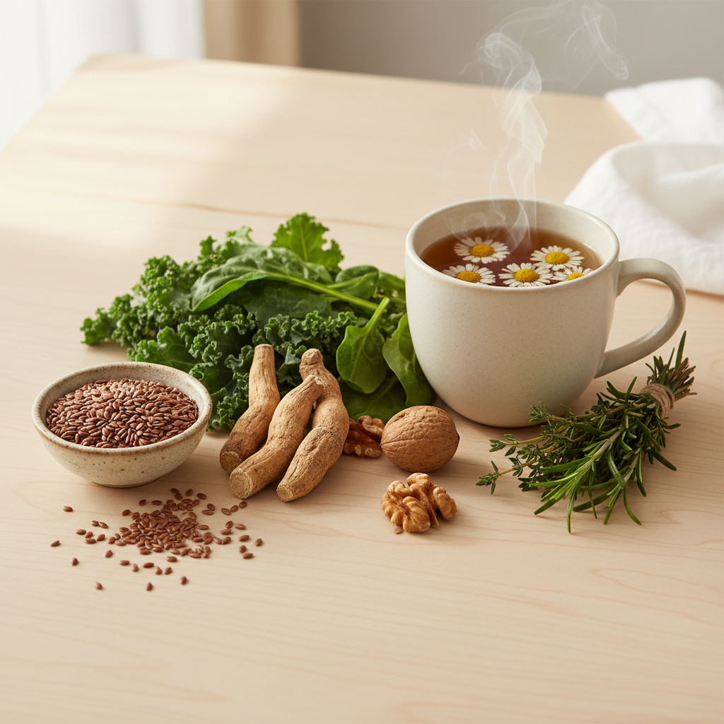 Assortment of hormone-supporting foods and herbs on a light wooden surface — flaxseeds, leafy greens, ashwagandha root, and a glass of herbal tea