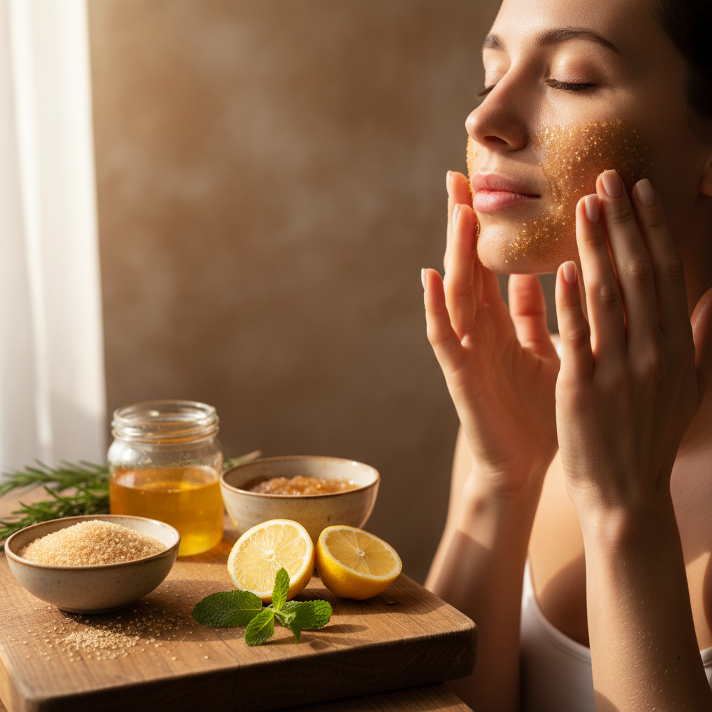 Hands exfoliating with natural sugar scrub, fresh ingredients including sugar, honey, and herbs on wooden surface