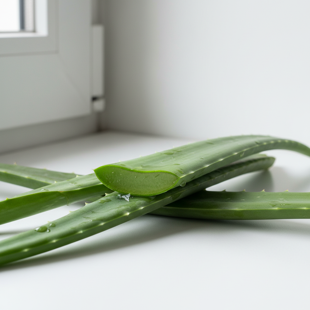 Fresh aloe vera plant with leaf cut open showing clear gel on white marble surface
