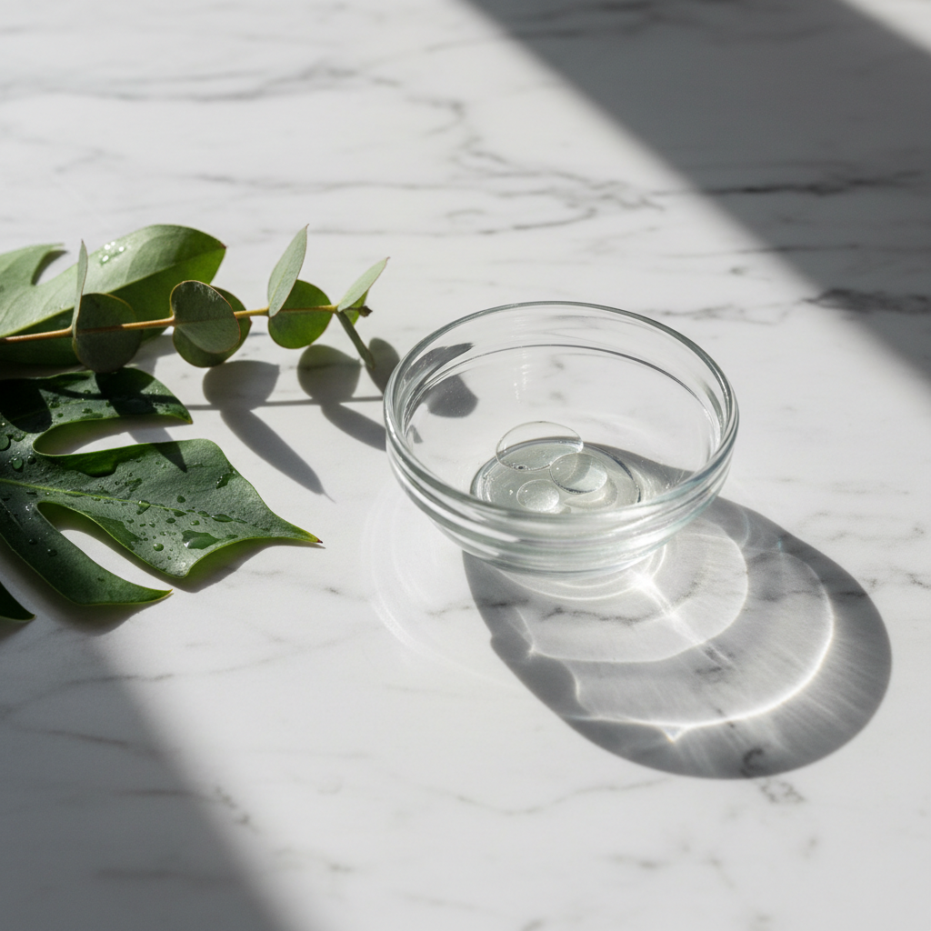 Glass bowl with skincare serum and botanical leaves on white marble surface in soft morning light
