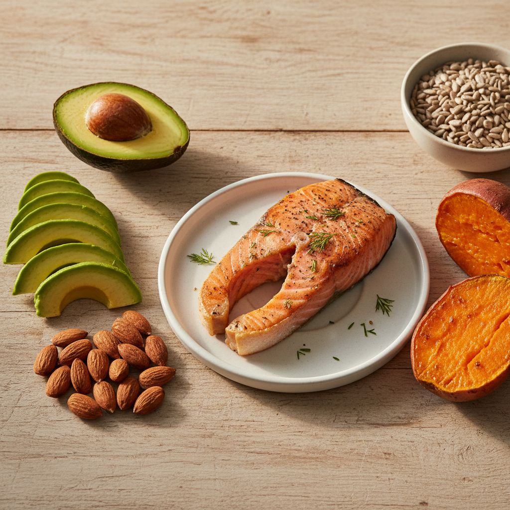 Vitamin-rich foods for dry skin including avocado, almonds, salmon and sweet potato on a light wooden surface