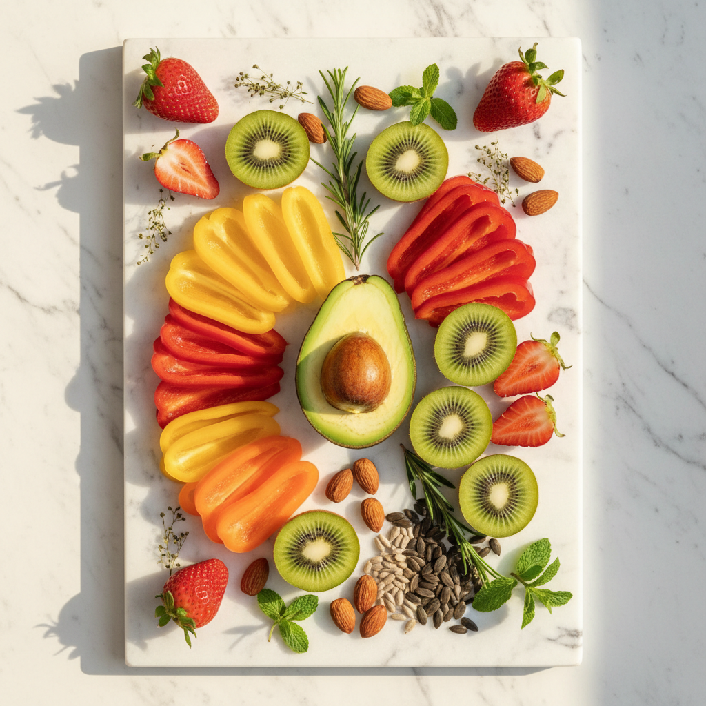 Colorful fruits and vegetables rich in skin vitamins on a wooden board