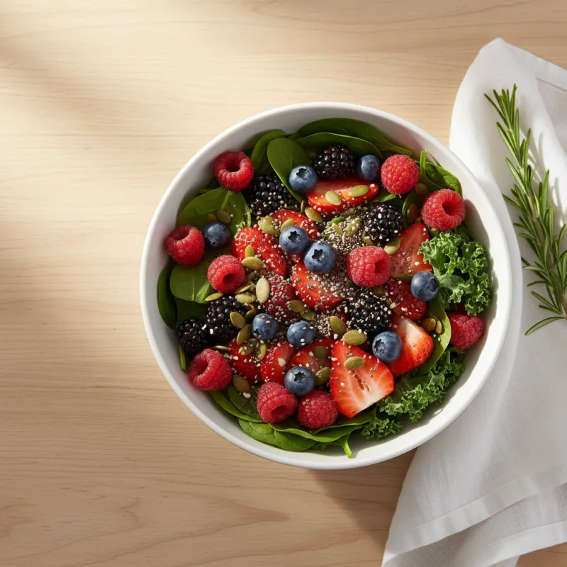 Clean breakfast of leafy greens, berries, and seeds on a wooden table in soft morning light