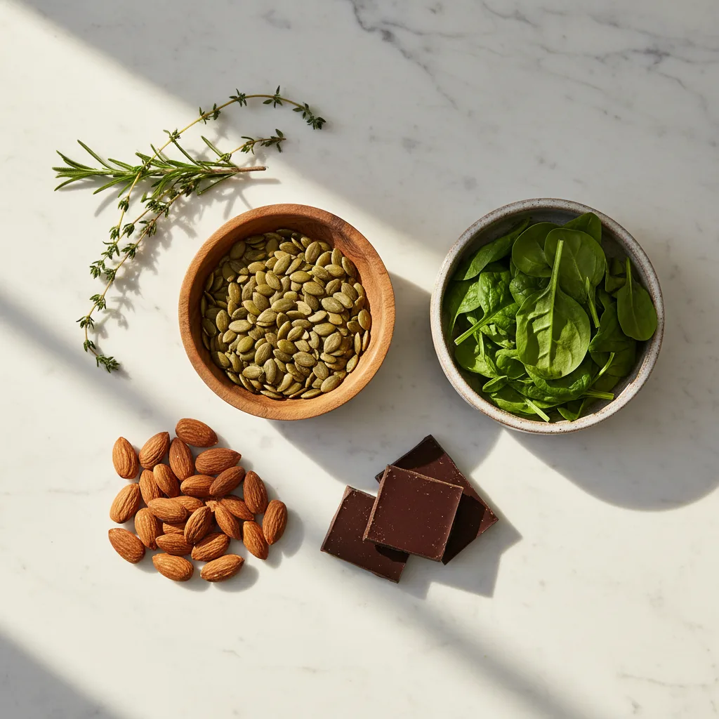 Bowl of pumpkin seeds, dark leafy greens, and cocoa squares on white marble in morning light
