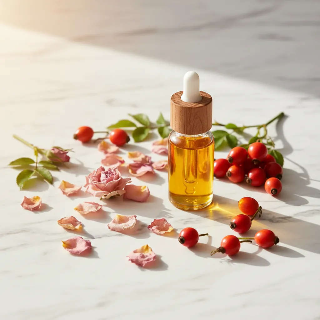 Rosehip oil bottle with rose petals and rosehip berries on marble surface