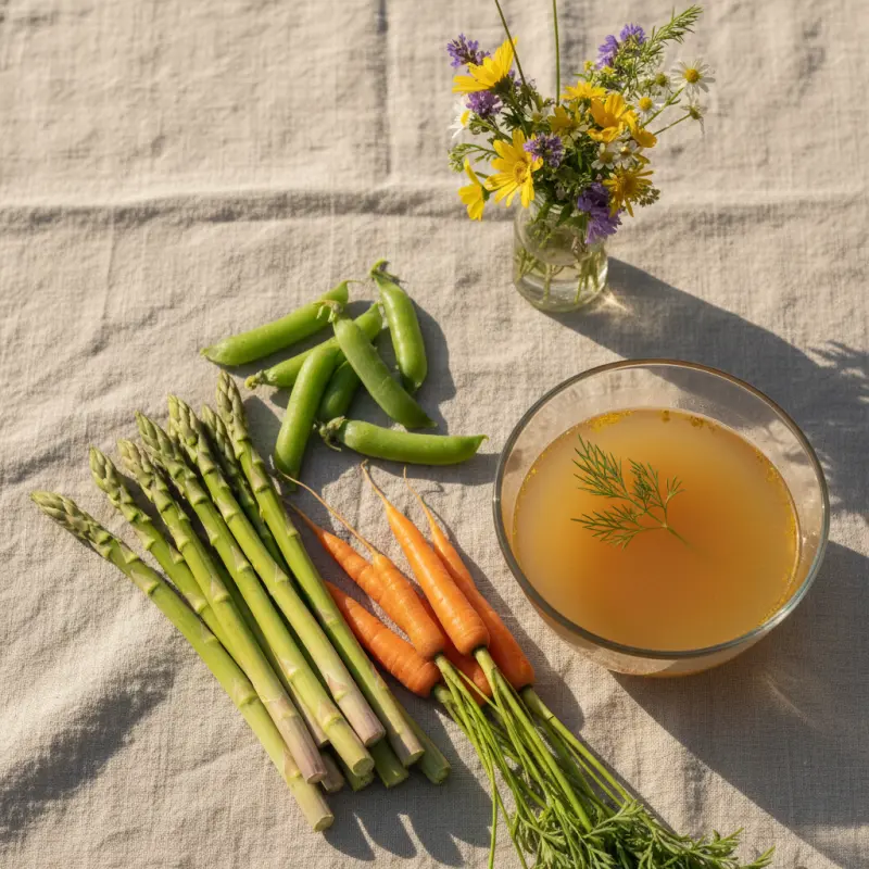 Fresh spring produce with asparagus, peas, and herbs on a linen background in soft natural light