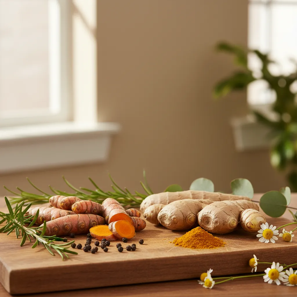 Turmeric root and golden powder with ginger and black pepper on wooden cutting board